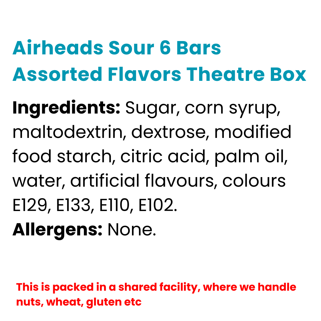 Airheads Sour 6 Bars Assorted Flavors Theatre Box