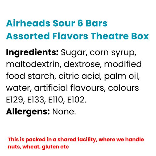Airheads Sour 6 Bars Assorted Flavors Theatre Box