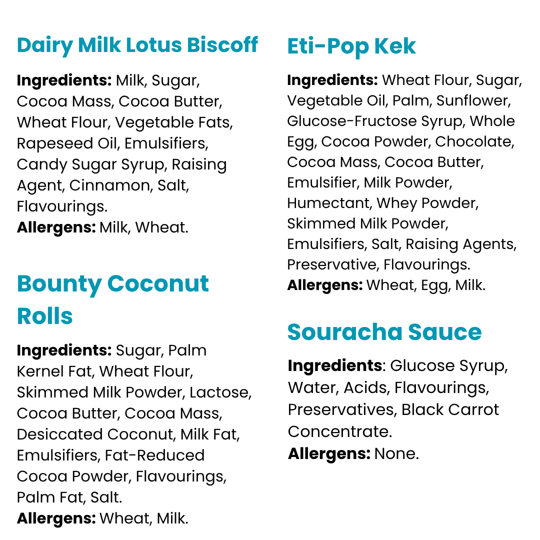 Chamoy Guys Gift Box Dairy Milk Lotus Biscoff , Eti-Pop Kek Chocolate, Bounty Coconut Rolls & Souracha Super Sauce