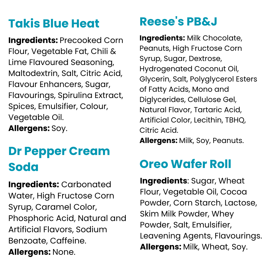Chamoy Guys Gift Box Takis blue heat, Reese's PB&J, Oreo wafer roll & Dr pepper cream soda