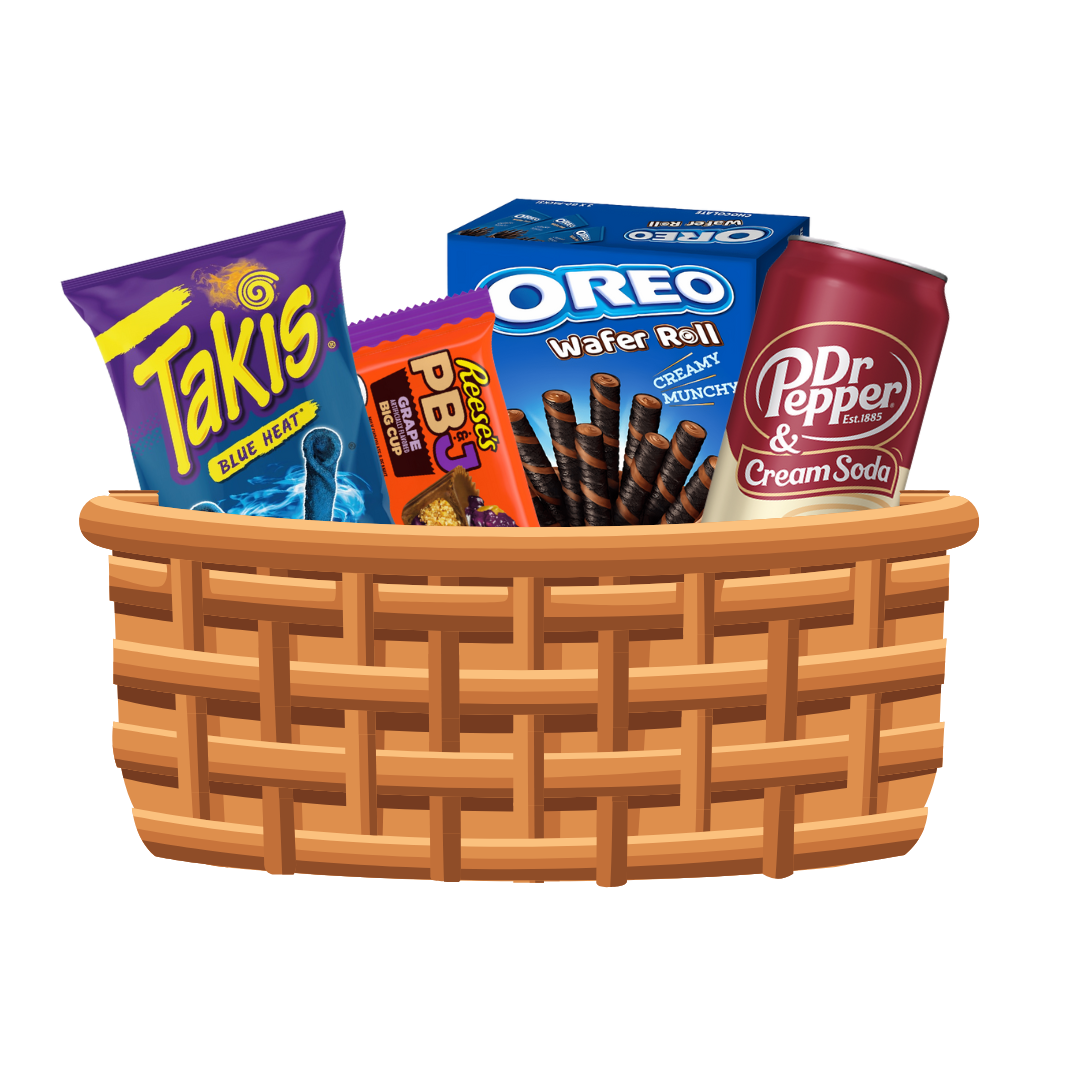 Chamoy Guys Gift Box Takis blue heat, Reese's PB&J, Oreo wafer roll & Dr pepper cream soda