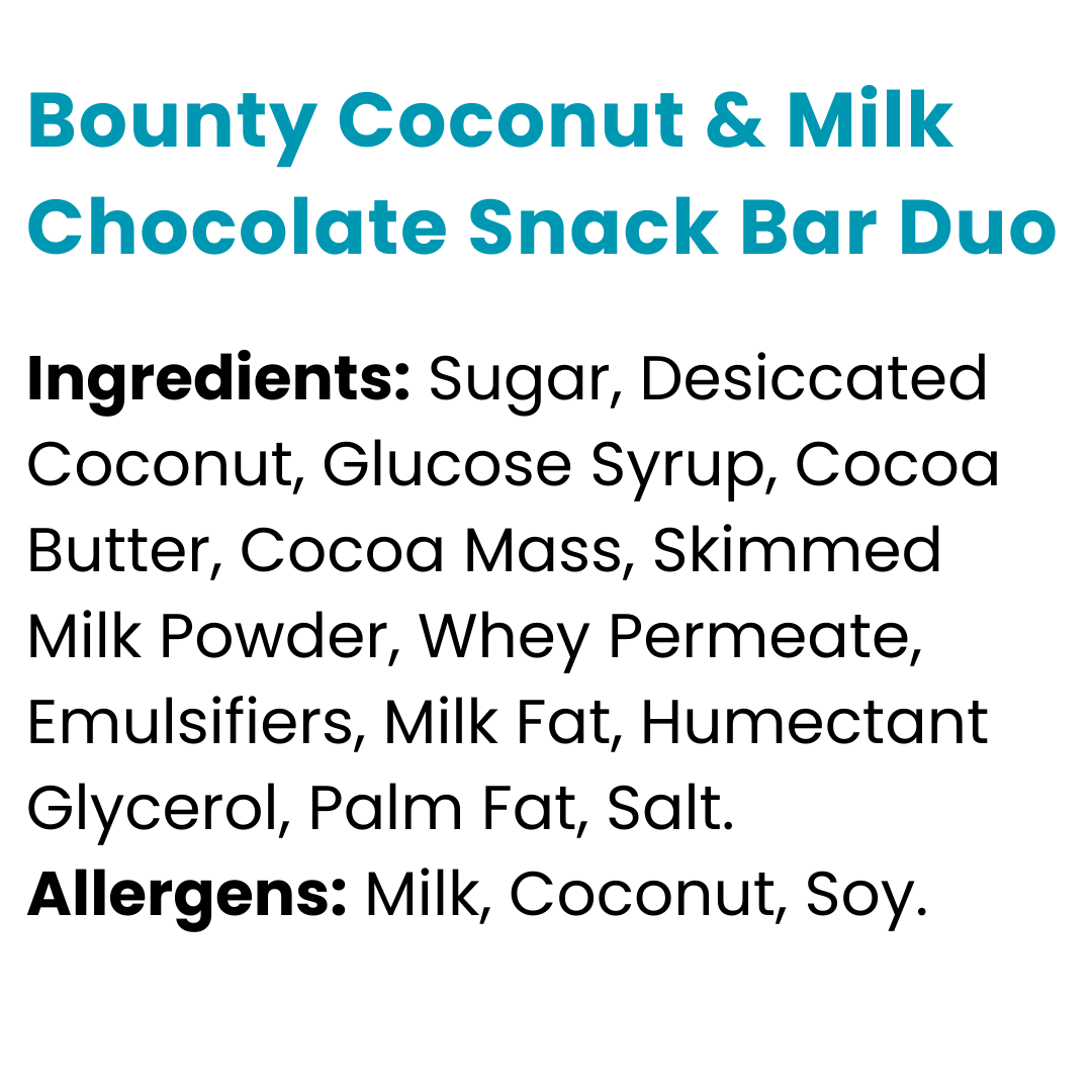 Bounty Coconut & Milk Chocolate Snack Bar Duo Full Case 57g x 24 (PAST DATED)