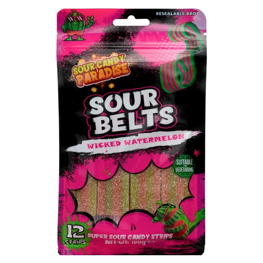 Sour Candy Paradise Belts Strips 12 Strips 100g - Wicked Watermelon