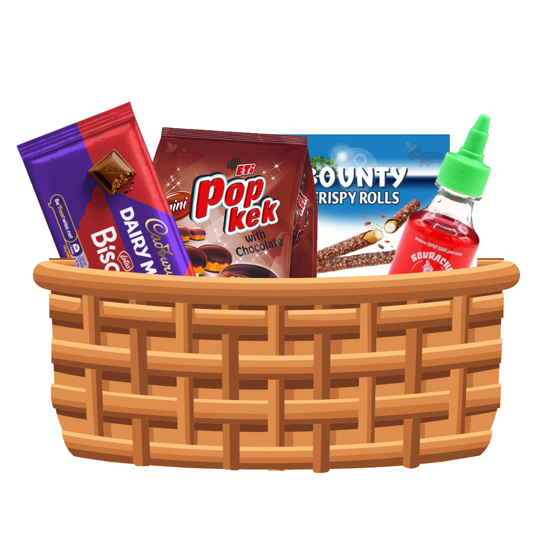 Chamoy Guys Gift Box Dairy Milk Lotus Biscoff , Eti-Pop Kek Chocolate, Bounty Coconut Rolls & Souracha Super Sauce