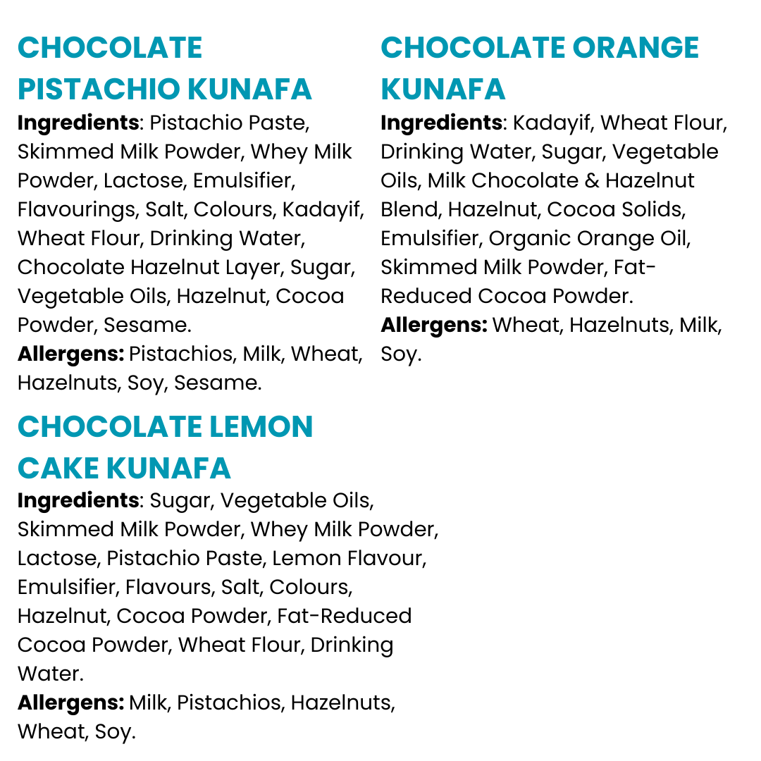 Chocolate Pistachio Kunafa, Chocolate Orange Kunafa & Chocolate Lemon Cake Bundle