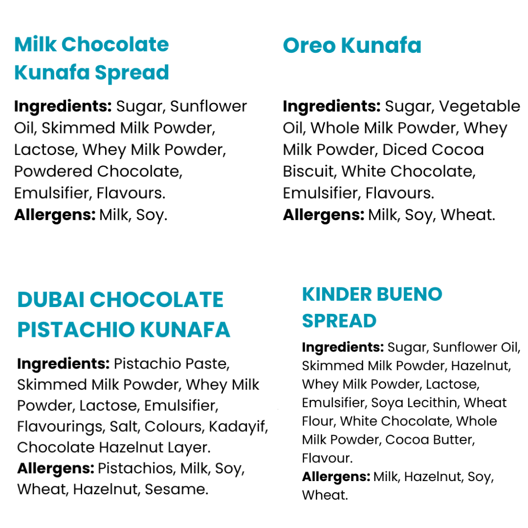 Chamoy Guys Dubai Chocolate Pistachio, Kinder Bueno, Milk Chocolate & Oreo Kunafa Spread Small Bundle
